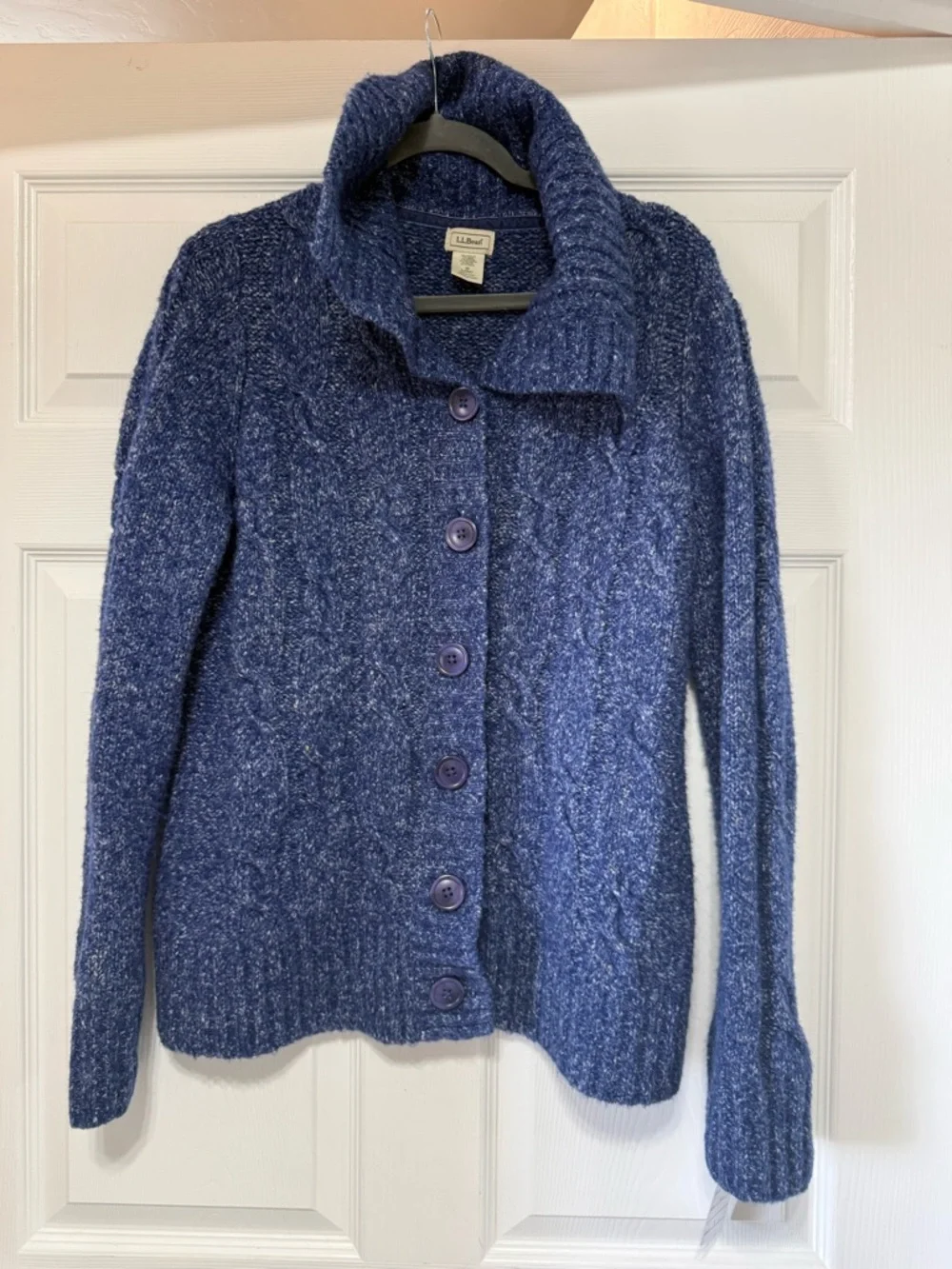 LL Bean Marled Wool Blend Button Shawl Collar Cable Knit Sweater Womens Size M‎